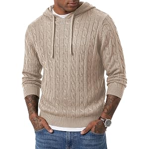 JMIERR Mens Hooded Collar Cable Knit Pullover Sweaters | Drawstring, Soft Touch, Twist Texture Knitted, Long Sleeve, Machine