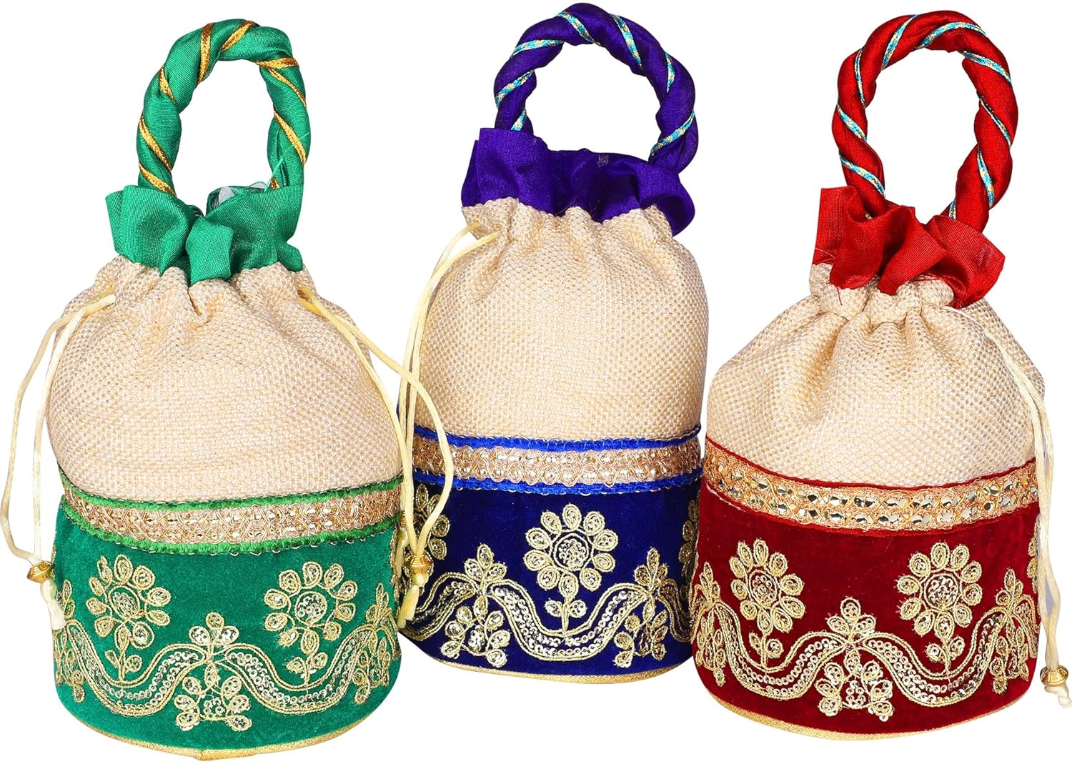 bombay haat jute and velvet women's potlis(off white) - set of 6
