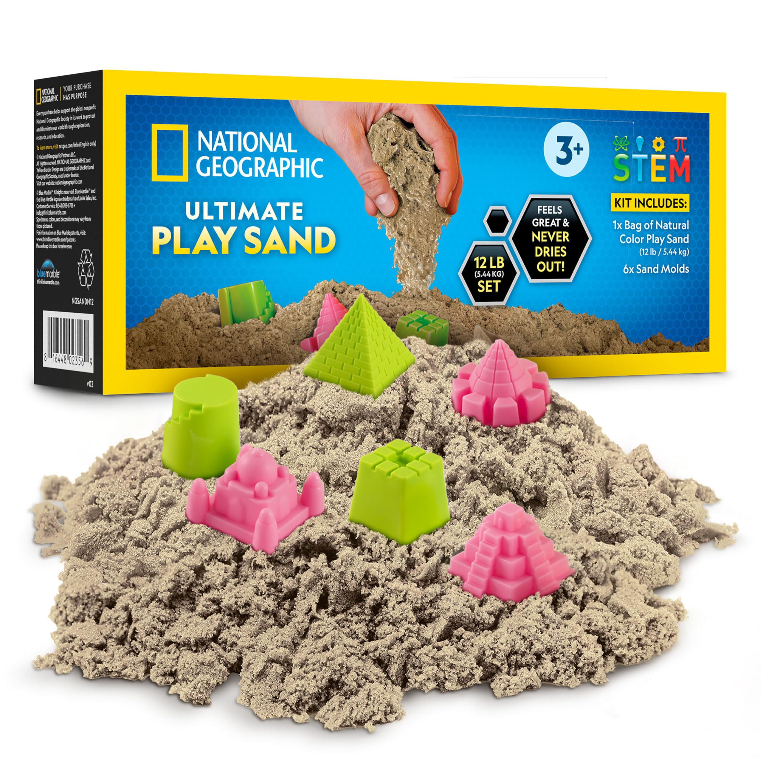 Blue Marble National Geographic Moon Sand - 12 Lbs. with Castle Molds (Natural) - A Fun No Mess Sensory Activity, Kids Fake Sand Play Set, Sensory Bin Filler