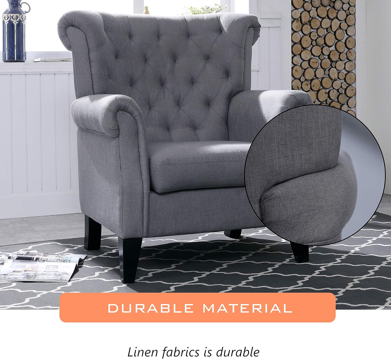 Mid-Century Modern Accent Fabric Arm Chair Comfy Upholstered Single Sofa for Living Room Furniture, Gray（Style2）: Furniture & Decor