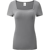 OThread & Co. Women's Short Sleeve T-Shirt Comfy Square Neck Shirts Basic Stretch Layer