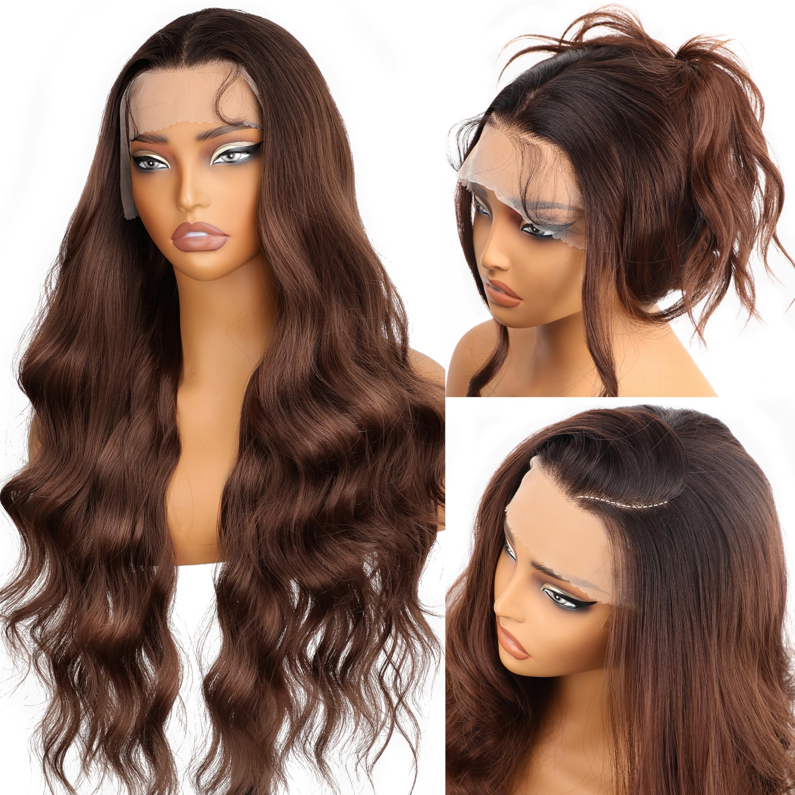 Photo 1 of DeeThens 13x4 Brown Synthetic Lace Front Wig Pre Plucked HD Long Wavy Ombre Brown Lace Wigs for Women 28inch With Baby Hair
