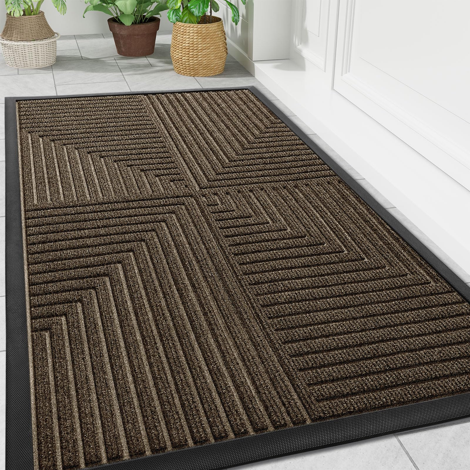Photo 1 of Arotive Front Door Mat Indoor Outdoor Entrance, Heavy Duty Non-Slip Rubber Doormats, Low Profile, Easy Clean, Dirt Trapper Entryway Floor Mats for Outside, Garages and Patios, 47x32, Brown
