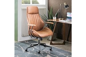 ovios Ergonomic Home Office Chair, Mid-Century Modern Faux Leather Chairs with Padded Armrests, Comfy High Back Swivel Rolling Executive Computer Armchair (Brown, Suede Leather)