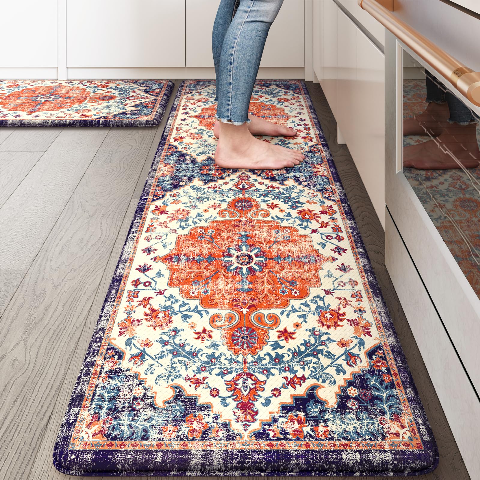 Photo 1 of **ONLY LONG MAT** KIMODE Anti Fatigue Kitchen Mat, Boho Distressed Kitchen Rugs Sets of 2, Kitchen Floor Mats Non Slip Cushioned, Waterproof Standing Mat for Laundry, Office, Sink, Desk, Orange/Purple