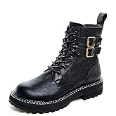 Sttiyaf Leather Ankle Boots for Women Lace Up Booties Low Heel