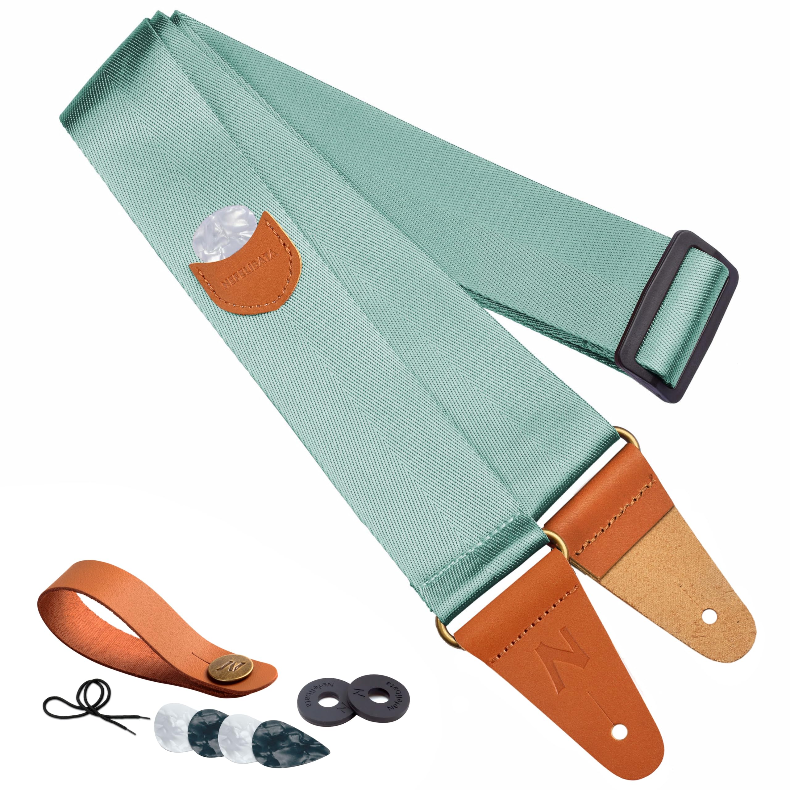 Nefelibata Guitar Strap with Pick Pocket, Vintage Nylon Full Grain Leather Ends Guitar Straps for Bass, Electric & Acoustic Guitar, Come with Free Strap Button, 1 Pair Strap Locks and 4 Guitar Picks — image 1