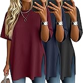 Baggyfly 3 Pack Women's Oversize Short Sleeve Tops Waffle Knit Crewneck T-Shirts Summer Casual Side Split Tees(Black, Navy Blue, Wine Red,X-Large)