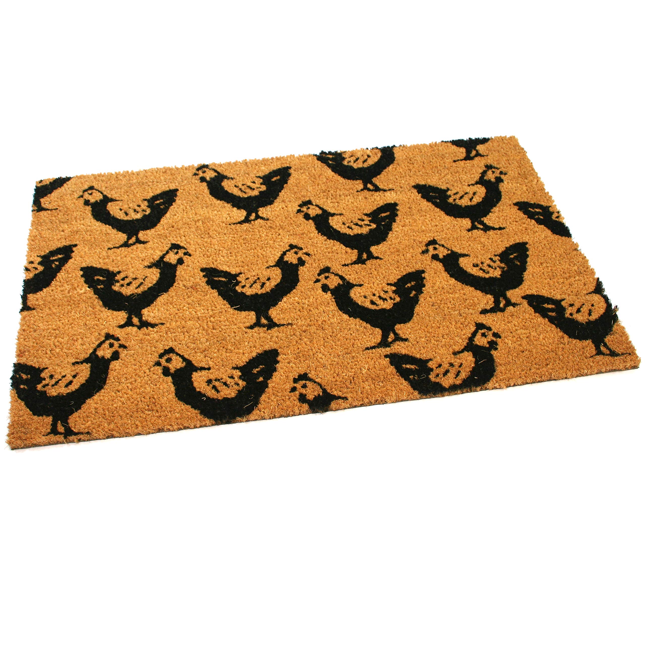 Black Ginger Large Country Chic Coir Door Mat with Repeating Chicken Pattern - 75cm x 45cm - Durable, Slip-Resistant, Eco-Friendly - Prime Eligible