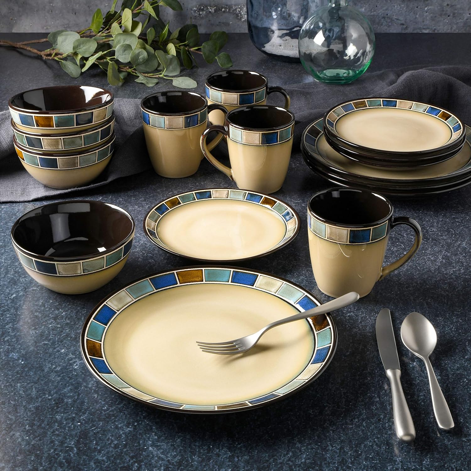  | Gibson Elite 114339.16R Casa Azul 16 Piece Reactive Glaze Dinnerware Set, Cream and Blue: Dinnerware Sets