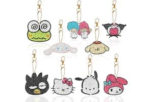 KIRAKO 9 Pcs Kawaii Cartoon Anime 5D Diamond Painting Kits, Cute Kitty Melody Twin Stars Cinnamon Make Your Own GEM Keychains DIY Paint by Numbers Arts and Crafts Gifts Party Favors for Kids Girls Beginner