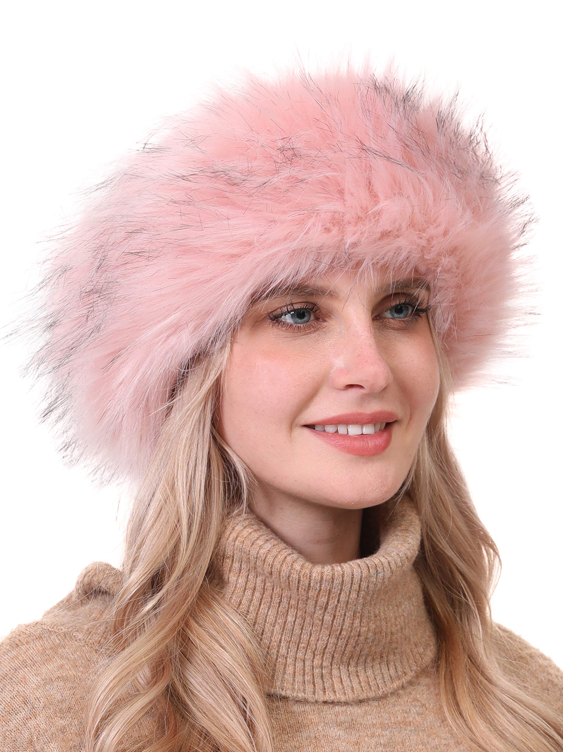 soul young Women's Faux Fur Headband with Stretch Winter Earwarmer Earmuff (Pink With Tips) — image 1