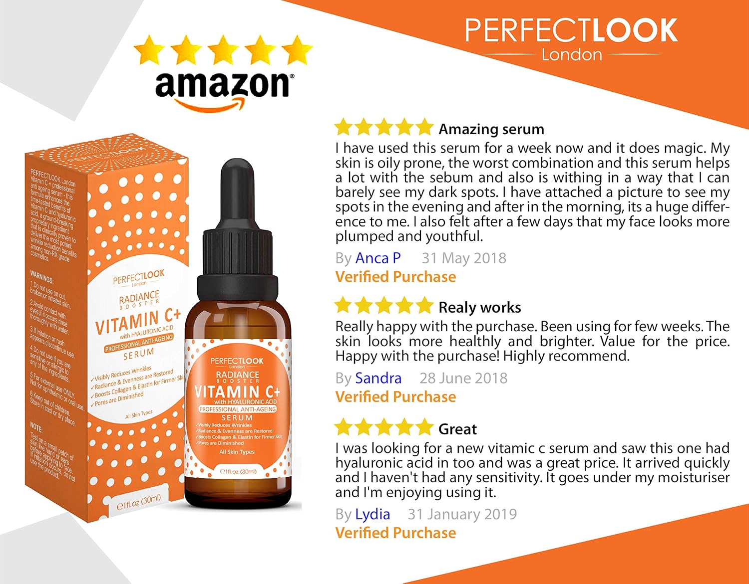 Perfect Look London Vitamin C & Hyaluronic Acid Face Serum, 12% Vitamin C Brightening Serum for Dark Spots & Uneven Skin Tone - Image 4