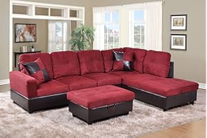 AYCP 3-Piece Contemporary Sectional Sofa with Chaise and Storage Ottoman for Living Room Furniture | Faux Leather & Microfiber Upholstery | Removable High Density Memory Foam Cushions (Red,Right-facing)
