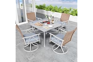 YITAHOME 5-Piece Outdoor Patio Dining Sets, Elegant Wicker Furniture with 4 Swivel Dining Chairs & 2" Umbrella Hole Wood-Grain Table for Garden, Patio, and Balcony