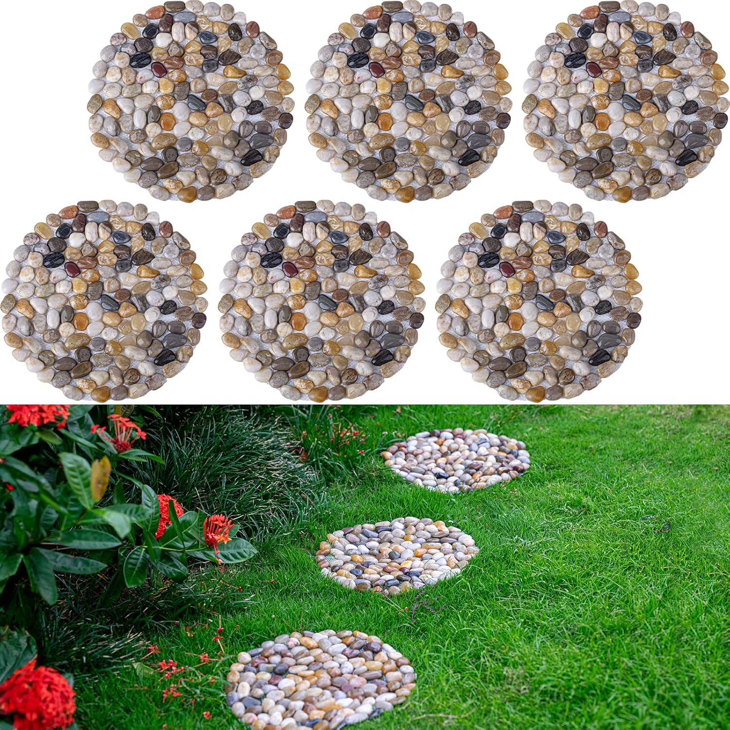 Hardscaping Materials - 12Inch River Rock Stepping Stones Outdoor, Pavers Pebbles Polished Gravel for Garden Walkway Set of 6 (Roundness)