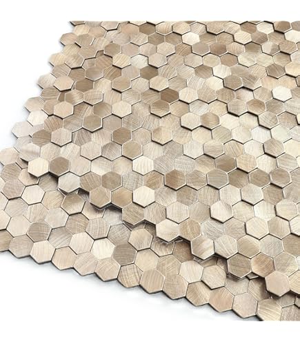 thumbnail image 2 of QMARK Peel & Stick Metal Backsplash Tiles - 6 Pack, 11" Hexagon, Brush Gold 2 of 5