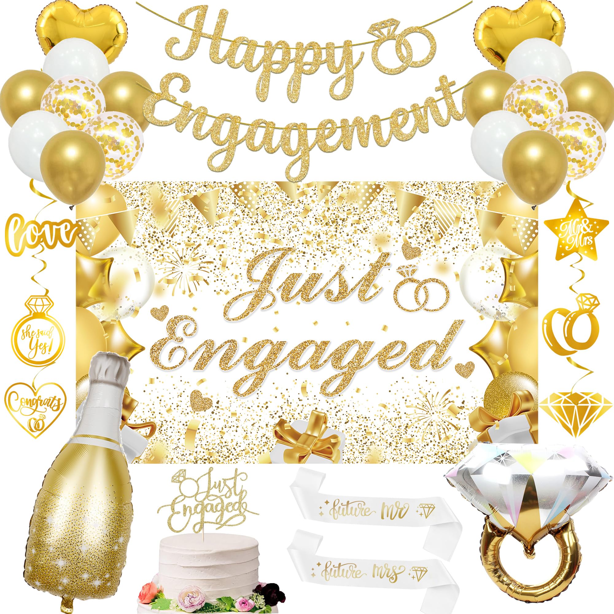 Photo 1 of Vlipoeasn Gold Engagement Party Decorations for Couple, Just Engaged Backdrop Banner, Cake Topper, Honeycomb, Hanging Swirls