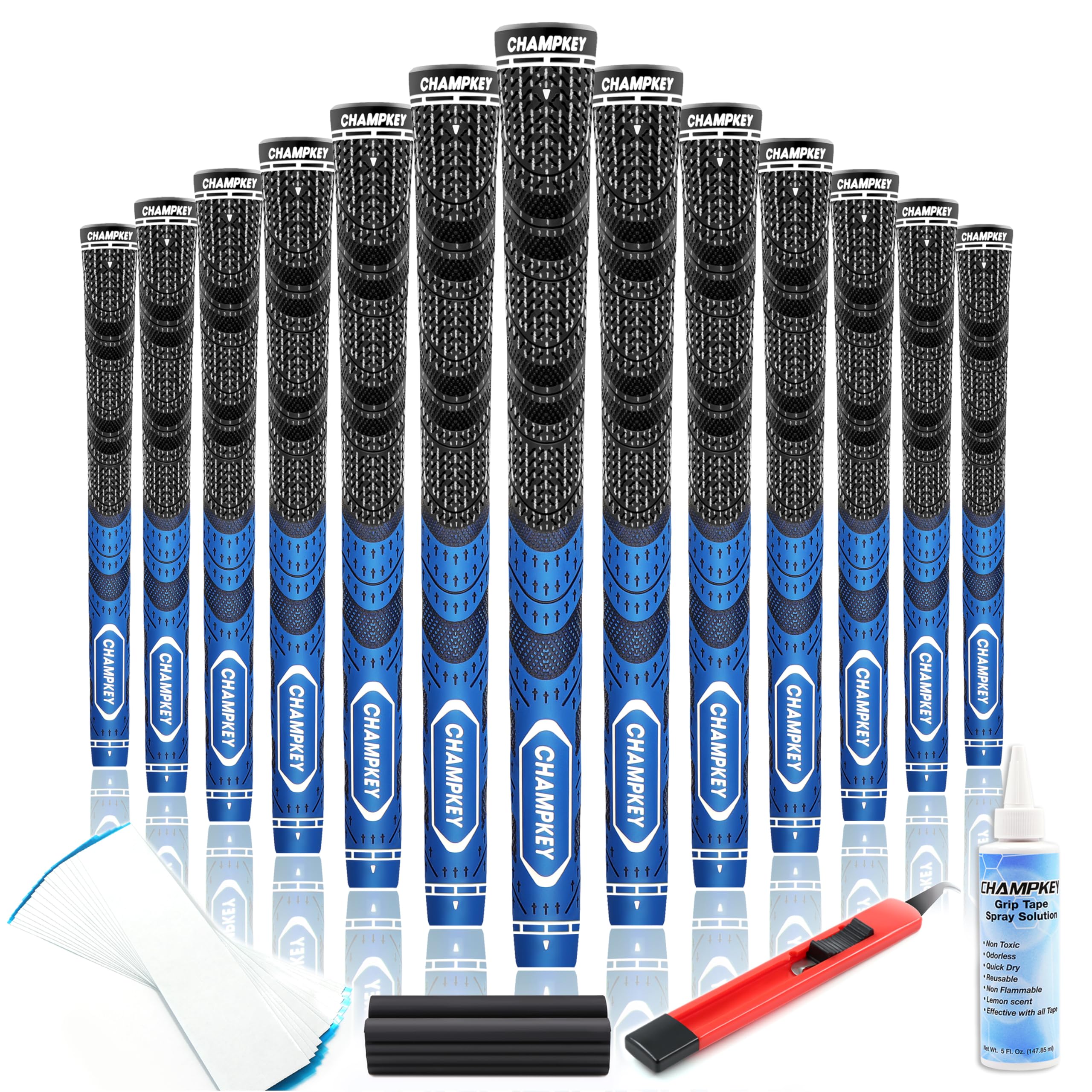 CHAMPKEY Premium Hybrid Golf Grips 13 Pack | All Weather Performance Golf Club Grips | Choose Between 13 Grips with 15 Tapse and 13 Grips with All Kits (Blue, Standard)