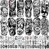 JEEFONNA 82 Sheets Temporary Tattoo for Men Women Adults, Include 12 Sheets Black 3D Half Sleeve Temporary Tattoos, Halloween Tattoos Scary Lion Wolf Tiger Skull Skeleton Tattoos Stickers