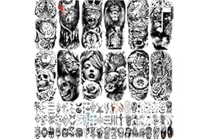 JEEFONNA 82 Sheets Temporary Tattoo for Men Women Adults, Include 12 Sheets Black 3D Half Sleeve Temporary Tattoos, Halloween Tattoos Scary Lion Wolf Tiger Skull Skeleton Tattoos Stickers