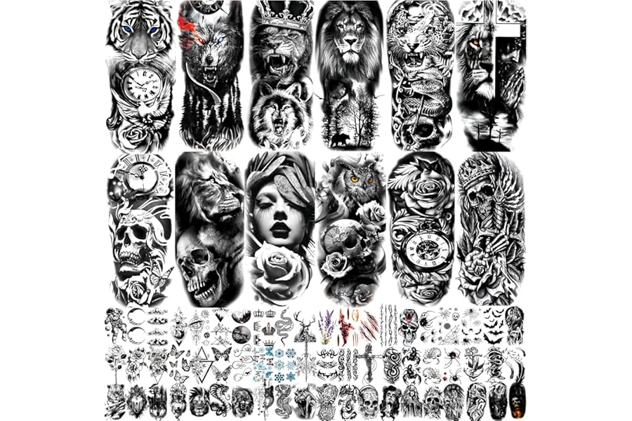 JEEFONNA 82 Sheets Temporary Tattoo for Men Women Adults, Include 12 Sheets Black 3D Half Sleeve Temporary Tattoos, Halloween Tattoos Scary Lion Wolf Tiger Skull Skeleton Tattoos Stickers