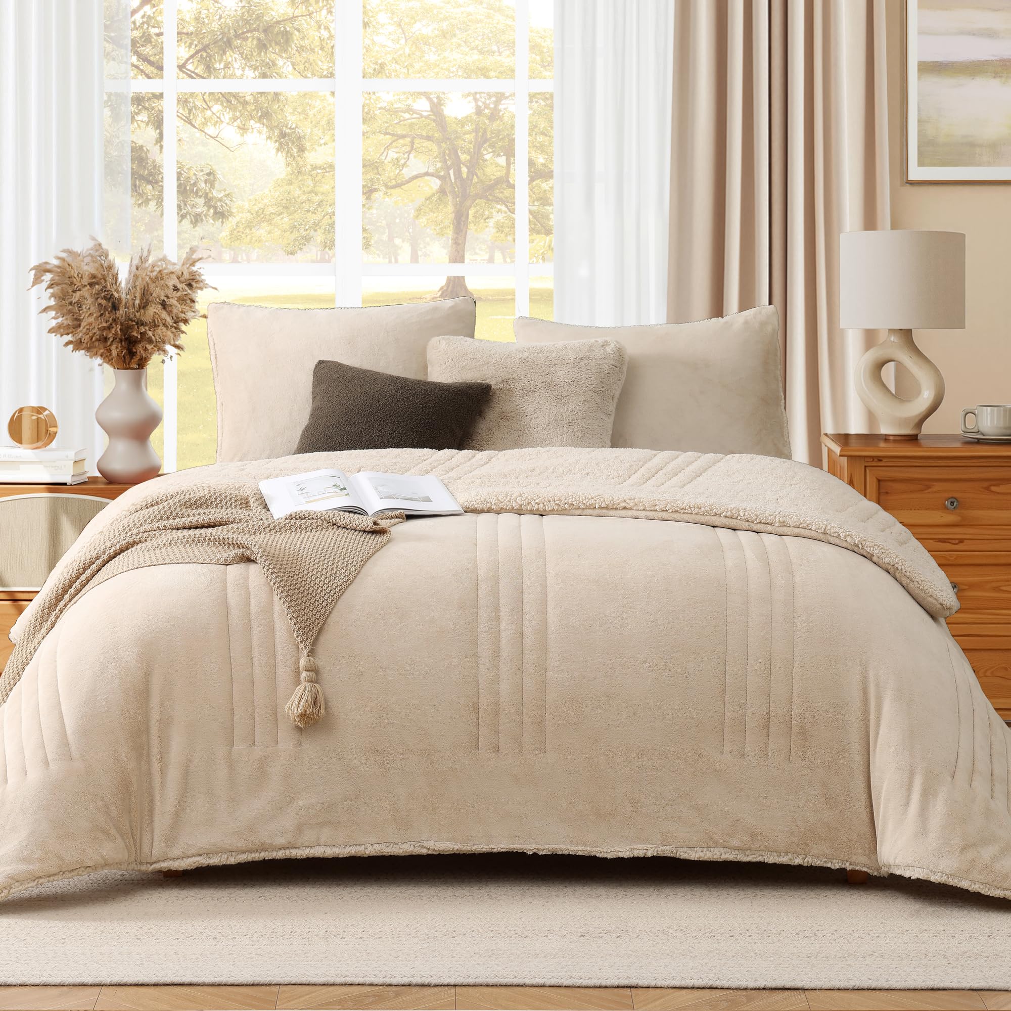 Photo 1 of Monbix Fluffy Queen Comforter Set Beige, Sherpa Plush Fuzzy Comforter 3 Piece for Queen Size Bed, Luxury Soft Winter Warm Bedding Set