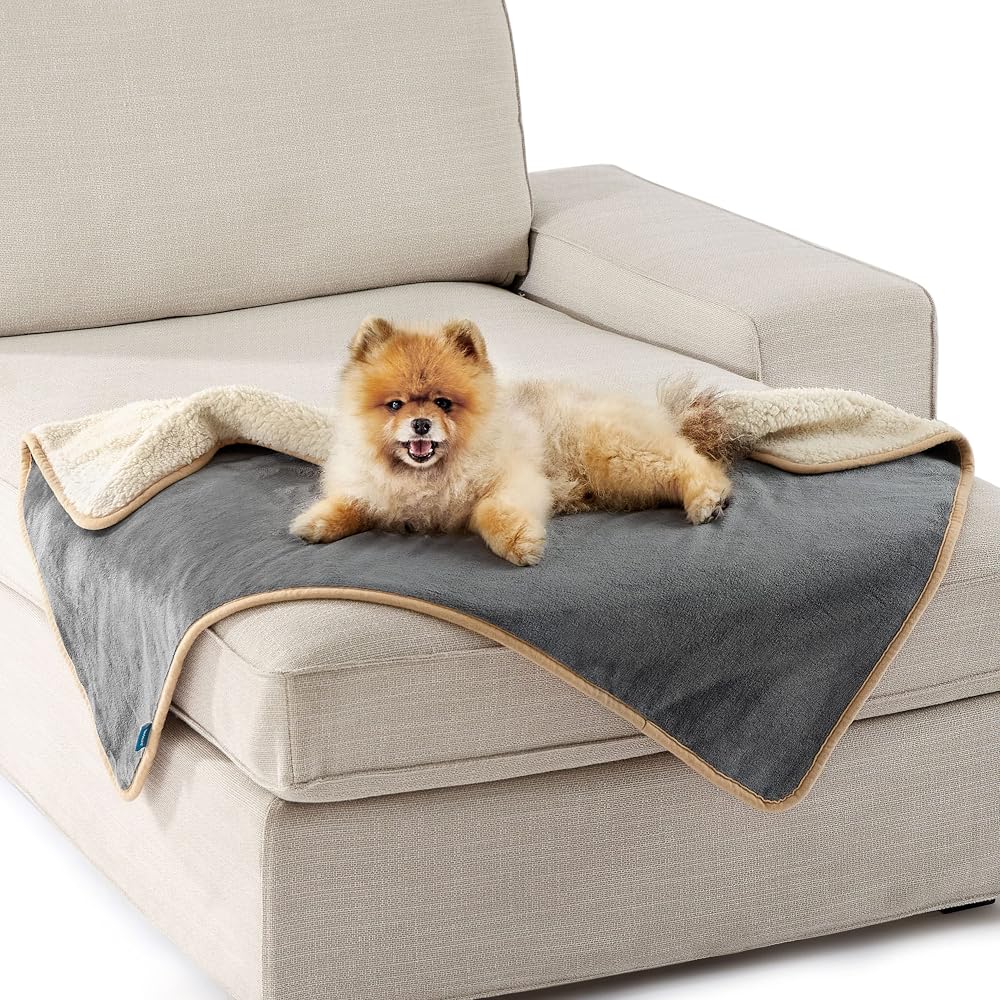 LE SURE Waterproof Dog Blanket 80x60cm Reversible Fleece Sherpa Grey