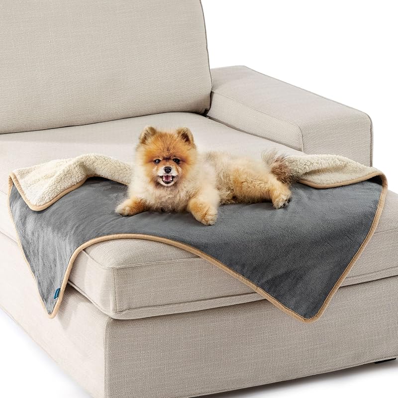 LE SURE Waterproof Dog Blanket 80x60cm Reversible Fleece Sherpa Grey