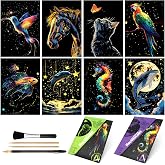8-Sheet Glow in the Dark Scratch Art for Adults &amp; Teens, A5 Animal Designs | Rainbow Engraving Cards with Animal Scenes and Tools for Relaxing Crafts, Travel, Gifts and Display Sketch Creative Projects