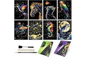 AP ARTSPER 8 Sheet Glow in The Dark Scratch Art Rainbow Painting Paper | Engraving Craft Scratchboard(A5) for Kids Teens & Adults, Sketch Card Creative Toy DIY Projects (Animal)