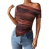 PRETTYGARDEN Womens Summer Off The Shoulder Tops 2026 Spring Short Sleeve Mesh Tie Dye Shirt Ruched Asymmetrical Y2k Clothes