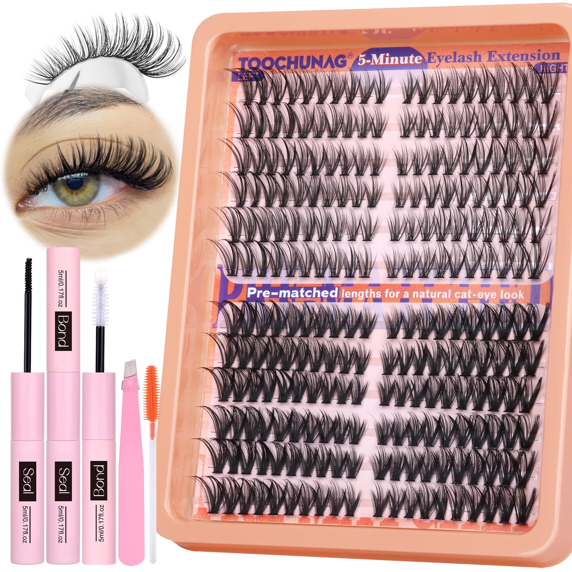 Photo 1 of TOOCHUNAG Cat Eye Lash Clusters Kit Wispy DIY Lash Extension Kit Natural Eyelash Extension Kit 7-16mm Individual Cluster Lashes Extensions with Lash Bond and Seal, Tweezers, Brushes(30D+40D)
