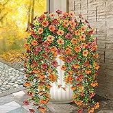 Ximiloor 4Pcs Artificial Flowers Hanging Garden Decoration Outdoors Fall Realistic Plants Silk Flower Autumn Fake Flowers for Porch Patio Balcony Planter Yard (Dark Red+Orange)