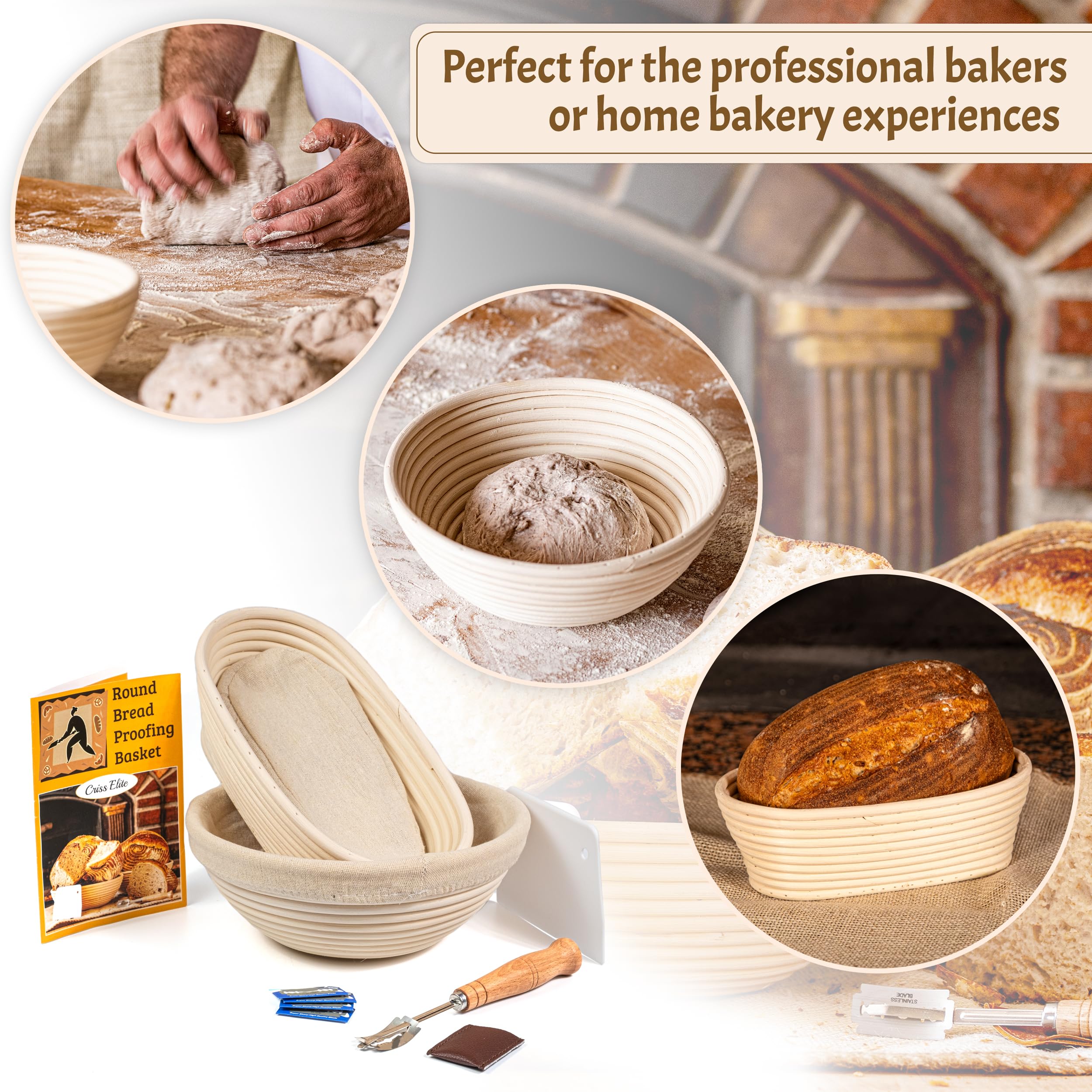 CRISS ELITE Sourdough Bread Baking Supplies Starter Kit, Banneton Proofing Basket 9'' Round and 10” Oval, Sourdough Starter Jar, Scraper, Scoring Lame, Brush, Short Danish Whisk, Gift Set