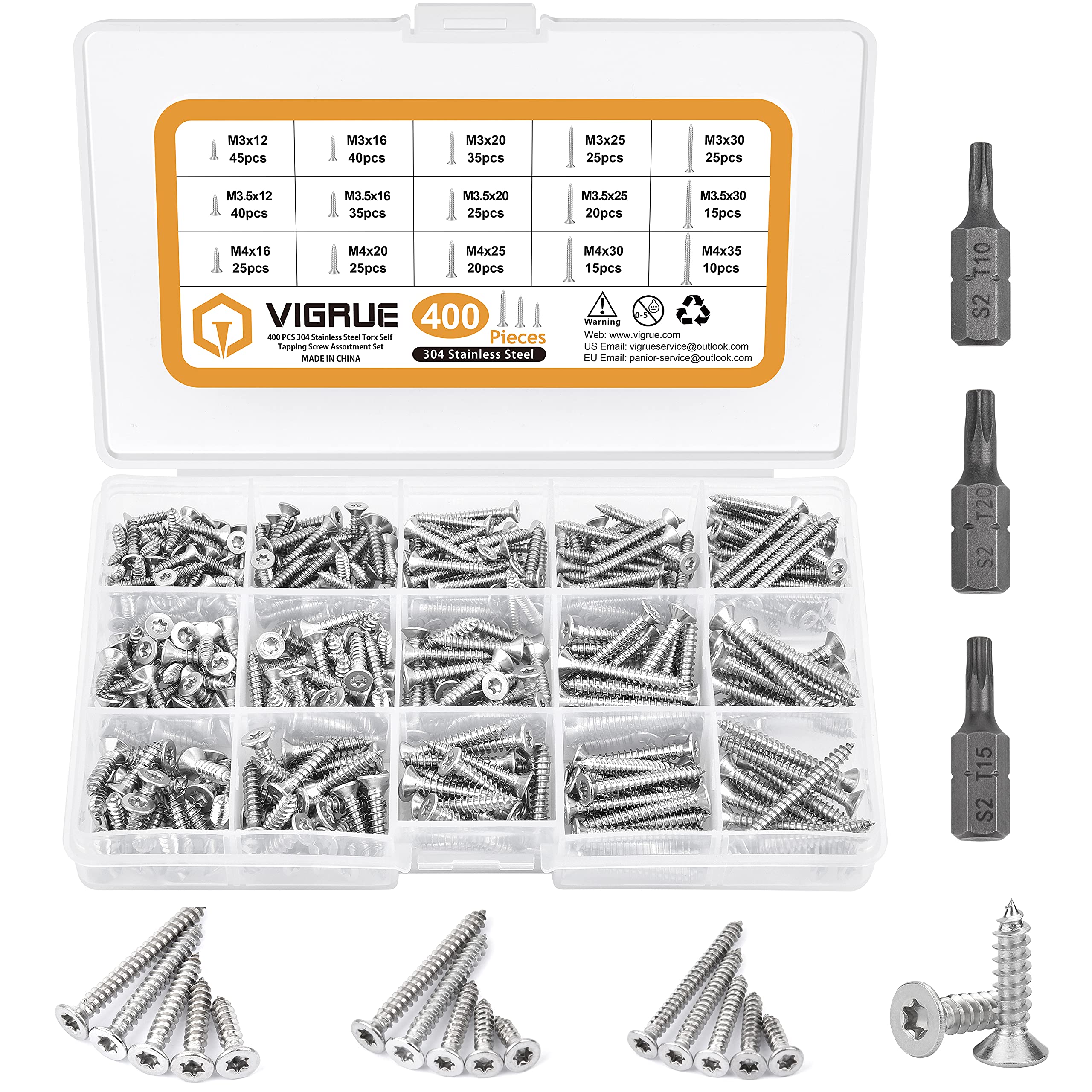 VIGRUE 400 Piece Stainless Steel Screws Set M3 M3.5 M4, Chipboard Screws with Countersunk Head, Full Thread Wood Screws Self-Tapping Screws with 3 Pieces Bits