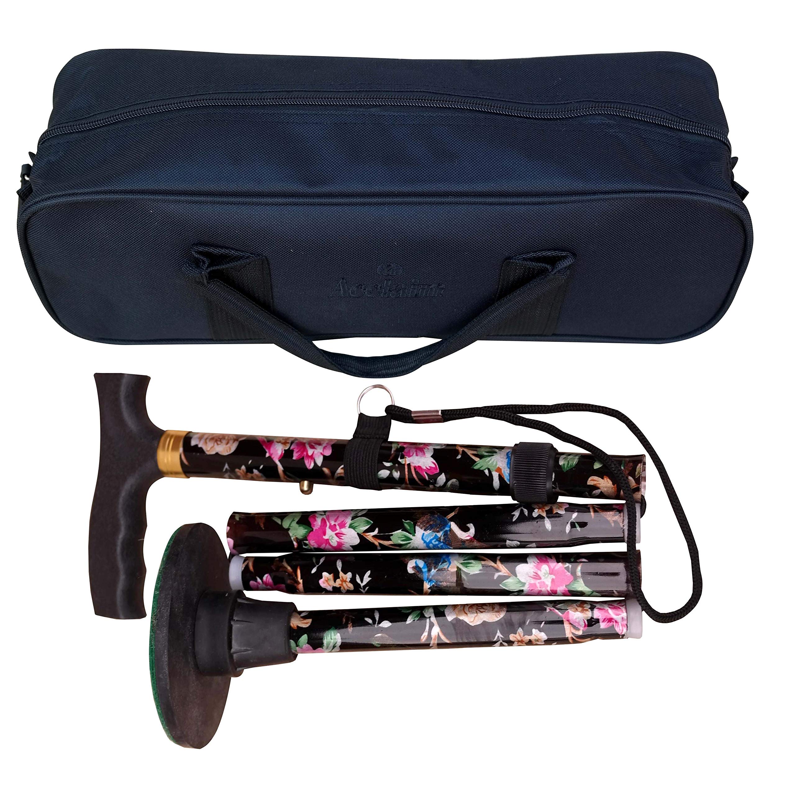 ACCLAIM Bowlers 33"-37" Lawn Bowls Floral Flowered Metal Folding Walking Stick & Green Protector With Green Synthetic Felt Base In Carrying Bag (Black Floral)