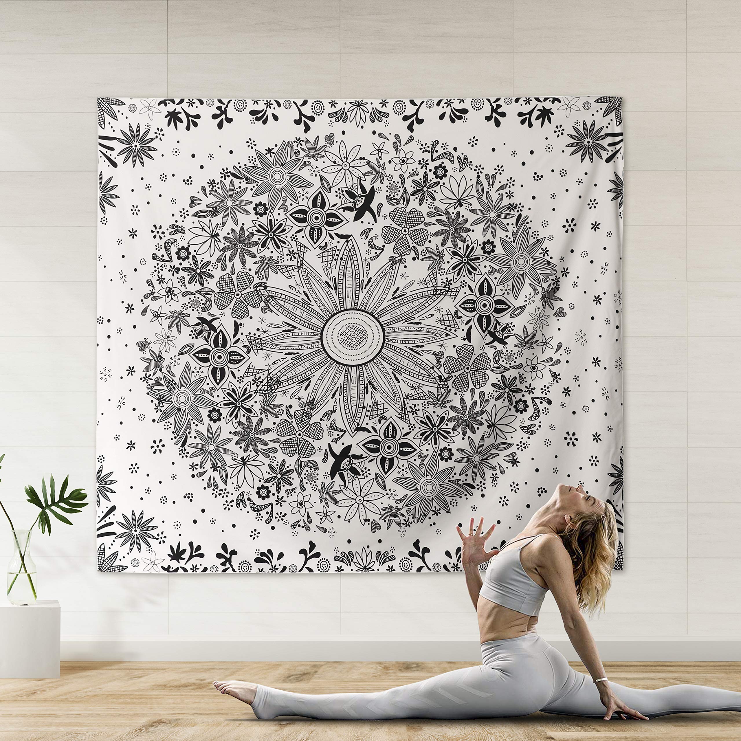 HAZANI Bohemian Wall Tapestry - 50 x 60 Inch Wall Tapestry for Hanging - White Flower Wall Tapestry with Dotted Daisy Medallion Print - Beautiful Hippie Home Decor for Any Room