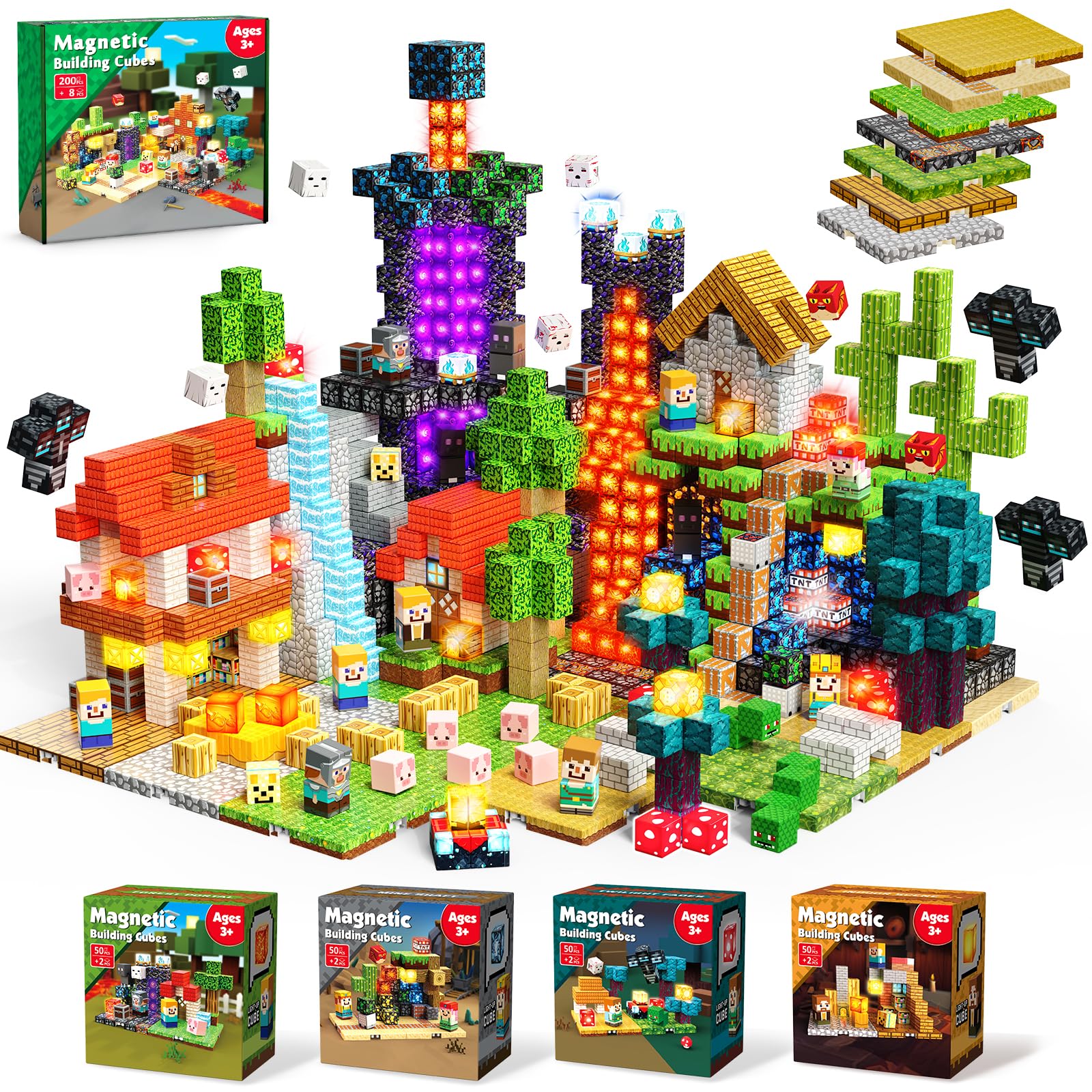 200PCS Magnetic Blocks with 8 Baseplate Light Blocks - Magnet Toys for Kids, Magnetic Building Blocks Cubes, Stacking Magnets, School STEM Toys Birthday Gifts for Boys and Girls Age 3+ Years Old — image 1