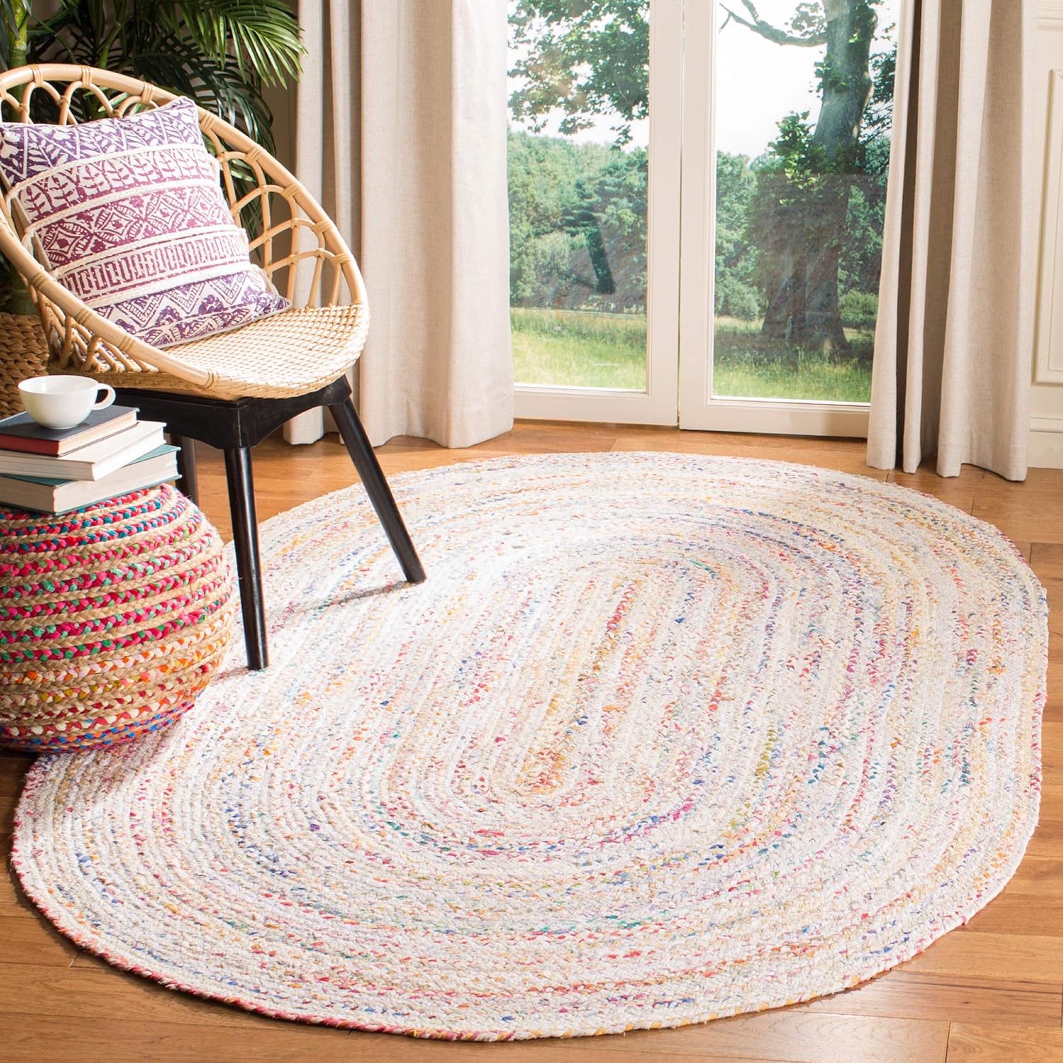 Safavieh Braided Collection BRD210B Handwoven Ivory and Multicolored Oval Area Rug (6' x 9')