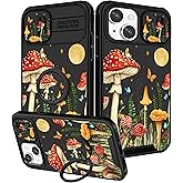 Funermei for iPhone 14/for iPhone 15 Plus Case - Women Girls Cute Phone Cover Girly Pretty Aesthetic Mushroom Plant Unique Design with Camera Cover and Ring Stand Funda for Apple 14/for Apple 15 Plus