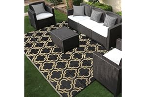 Ompaa Outdoor Plastic Straw Rug for Patio Waterproof, 8x10 Large Reversible Portable Outside Porch Rugs Carpet for Camping Picnic Mat, RV, Backyard, Balcony, Deck, Black & Beige