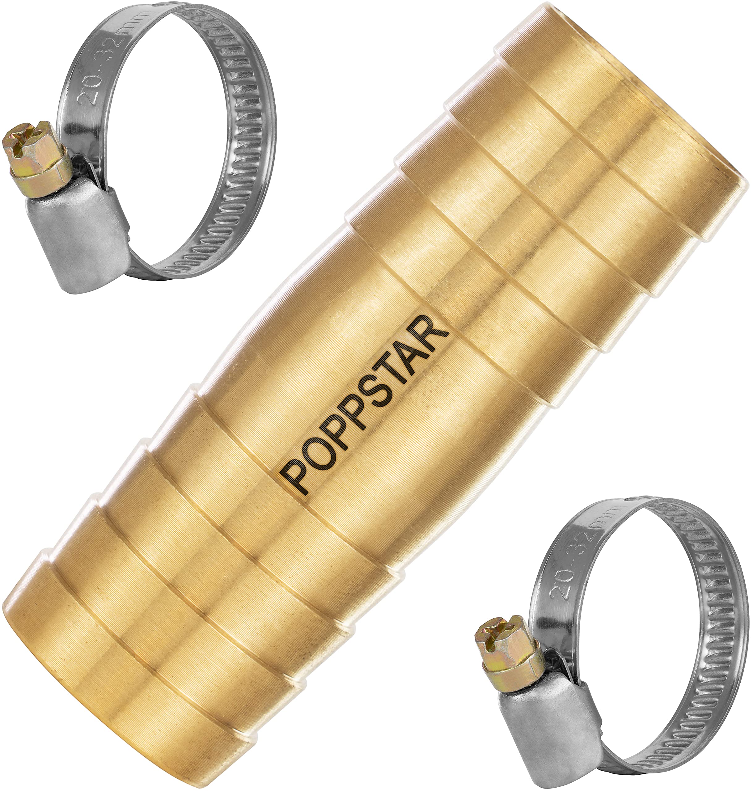 Poppstar Brass Hose Connector 3/4 inch Set with 2X Stainless Steel Hose Clamps for 3/4" (19 mm) Garden Hose