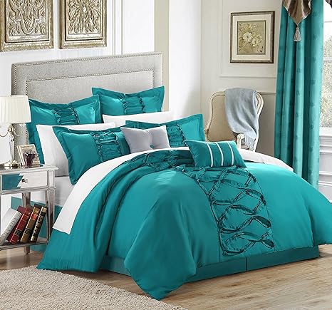 Amazon Com Chic Home Ruth 8 Piece Ruffled Comforter Set King Turquoise Home Kitchen