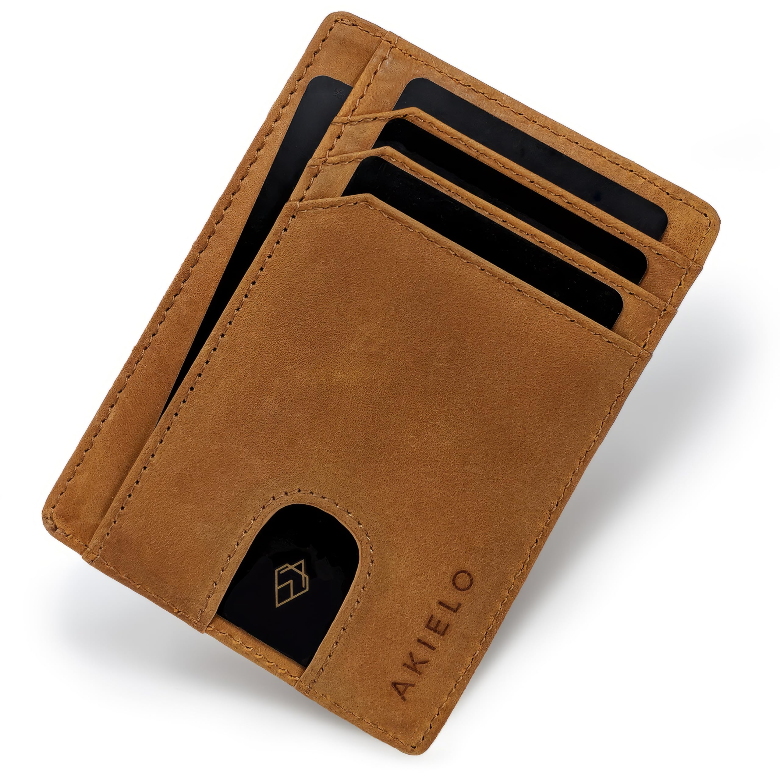AKIELO RFID Card Holder Wallet with Gift Box – Ultra Slim Leather Credit Card Holder for Men – Small Minimalist Blocking Card Wallet (Bravo - Tan Edition)