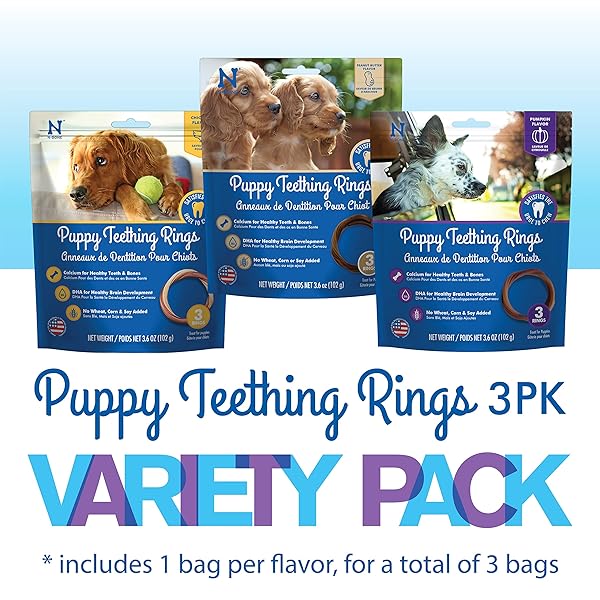 N-BONE PUPPY TEETHING RINGS 3 COUNT BAG VARIETY PACK, CHICKEN & PUMPKIN & PEANUT BUTTER FLAVOR, TOTAL 3 BAGS, 10.8-OZ, 9 RINGS
