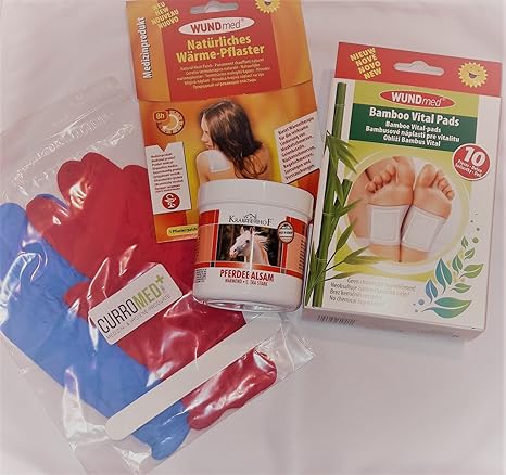 Winter-Wärme-Wohlfühlset mit Pferdesalbe von Kräuterhof, Bambus Vital Pads 10er Pack, 3 x Wärmepflaster inkl. Gratis Curromed