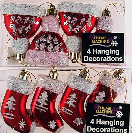 Set Of 8 Cute Santa Boots And Hats Christmas Tree Baubles
