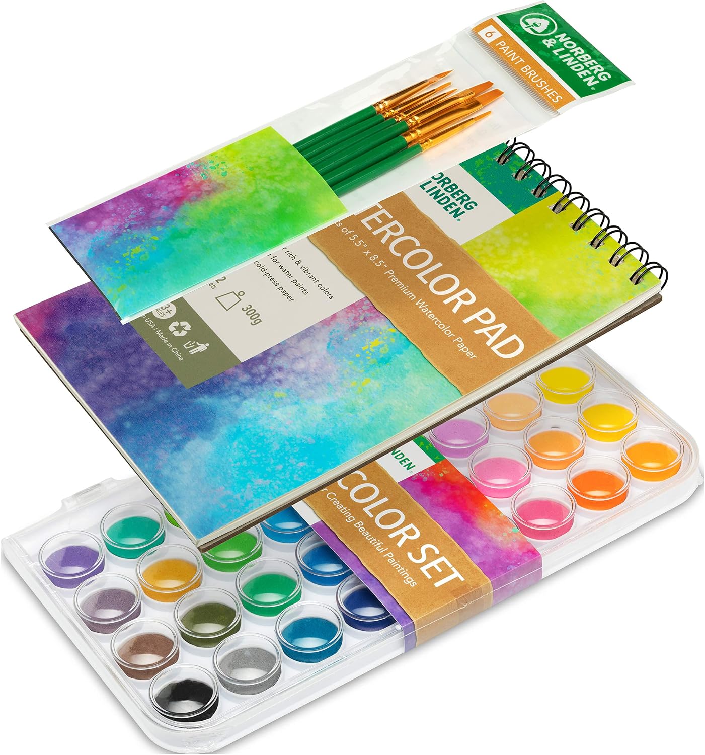 Norberg & Linden Watercolor Paint Set, 36 Premium Paints, 12 Page Pad, 6 Brushes, Painting Supplies with Palette, Watercolors - Image 5