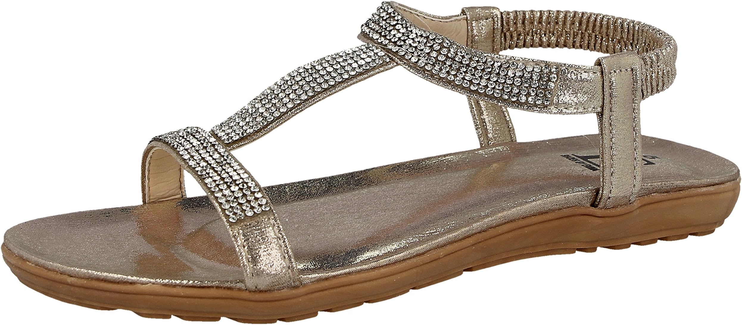 Shoes By Emma Ladies Metallic Pewter Open Toe T Bar Elastic Sling Back Flat Low Wedge Diamante Jewel Detail Sandals Size 3-8 (8 UK, Gold/Diamante)